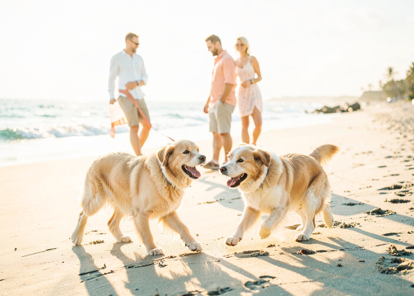 Two dogs playing on the beach while their owners chat